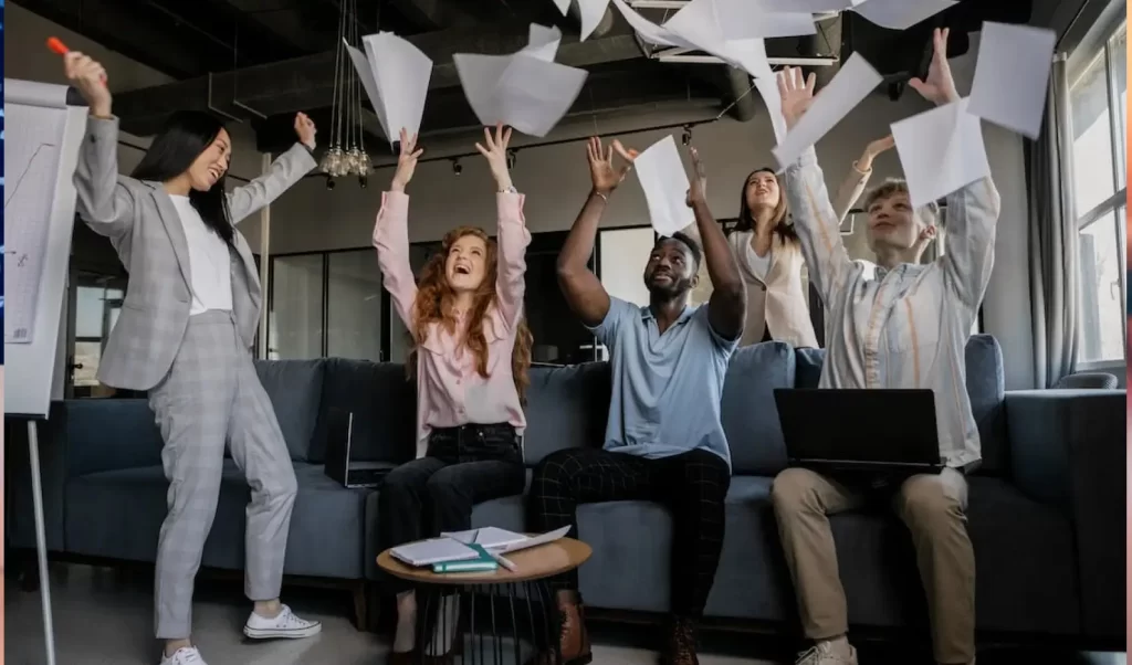 Entire staff enjoying a meeting in a modern office