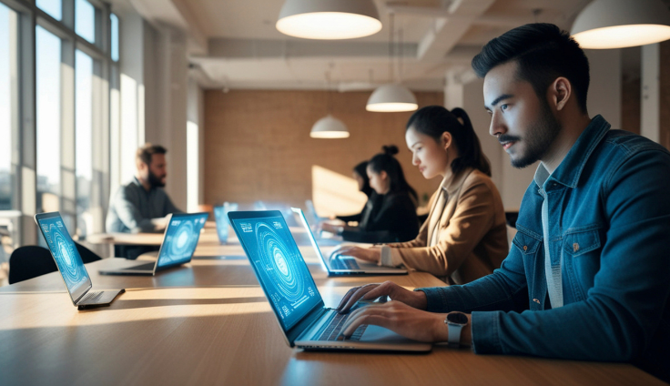 Group of professionals working on laptops in a modern office, focusing on recruitment and staffing solutions, with digital interfaces displayed on screens.