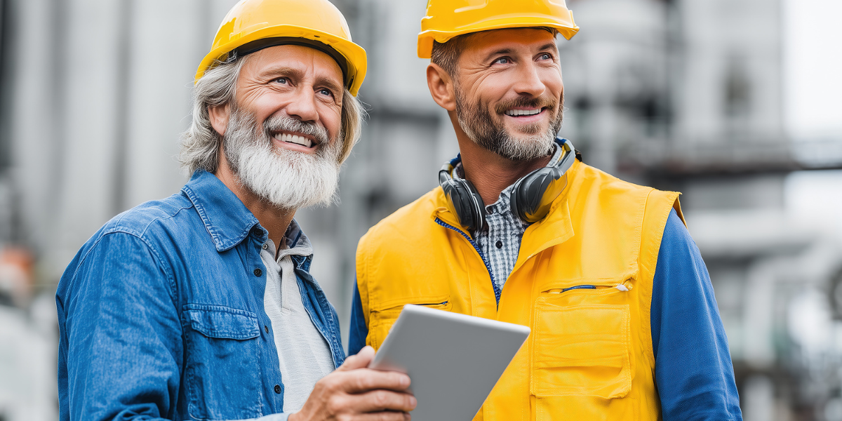 Two smiling construction workers wearing hard hats and safety gear, one holding a tablet, in an industrial setting, representing contingent workforce solutions and the accessibility of skilled labor.
